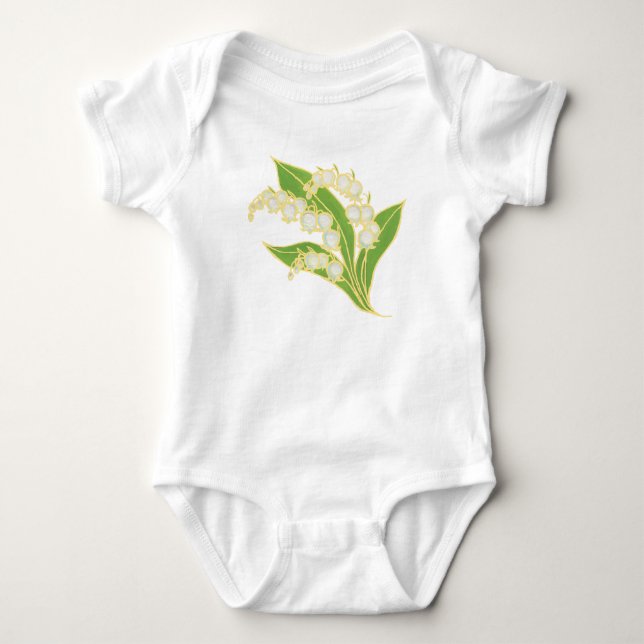 White Infant Creeper: Lily of the Valley Baby Bodysuit (Front)