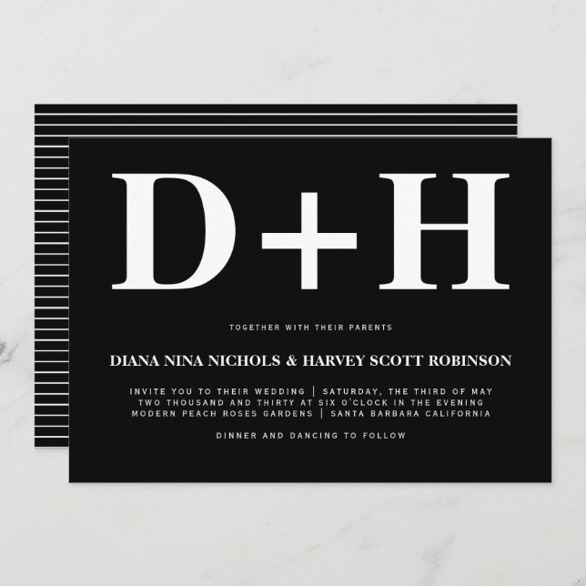 White initials bold typography black wedding invitation (Front/Back)