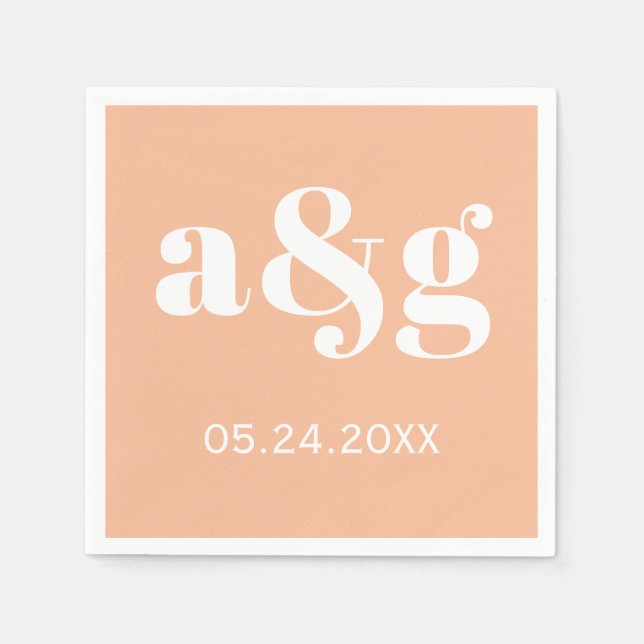 White initials typography on coral peach wedding napkins (Front)