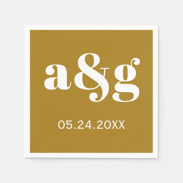 White initials typography on golden brown wedding napkins (Front)