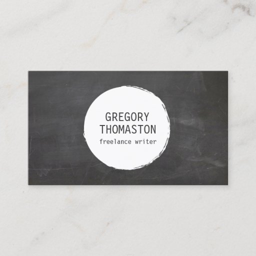 Customizable White Ink Blot Circle Logo on Black Chalkboard Business Card