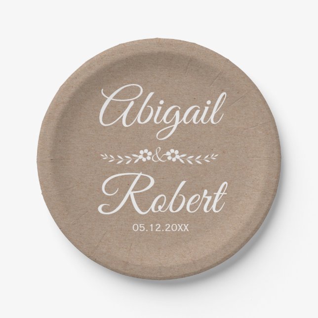 White ink typography kraft paper rustic wedding paper plates (Front)
