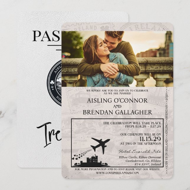 White Ireland Passport Wedding Invitation (Front/Back)