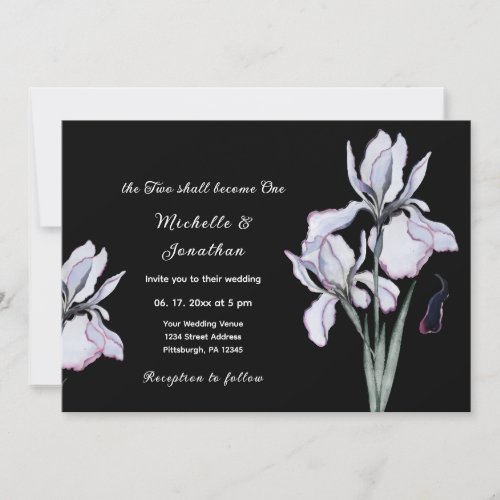 White Iris Floral on Black Christian Wedding Invitation