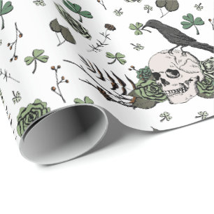 White Irish St. Patricks Day Clovers Floral Skull Wrapping Paper