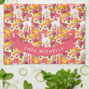 White Italian Greyhounds or Whippets Pink Floral Kitchen Towel