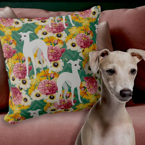 White Italian Greyhounds with Flowers Throw Pillow