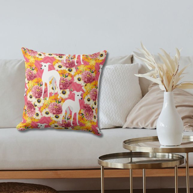 White Italian Greyhounds with Pink Flowers Throw Pillow (Creator Uploaded)