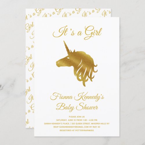 White Its a Girl Unicorn Baby Shower Invitation