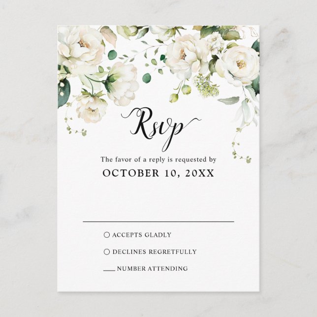 White Ivory Cream Roses Botanical Wedding RSVP Pos Postcard (Front)