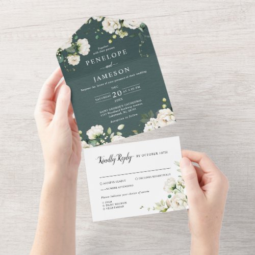 White Ivory Cream Roses Floral Botanical Wedding A All In One Invitation