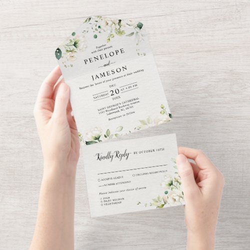 White Ivory Cream Roses Floral Botanical Wedding All In One Invitation