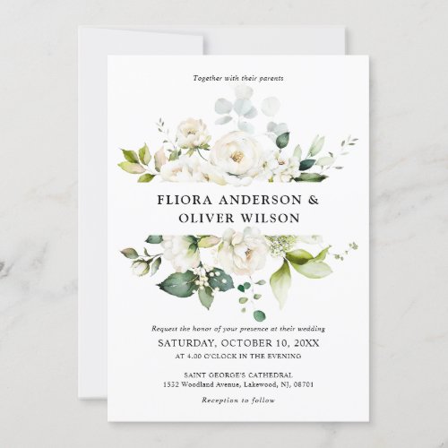 White Ivory Cream Roses Floral Botanical Wedding I Invitation