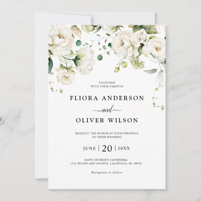White Ivory Cream Roses Floral Botanical Wedding I Invitation (Front)