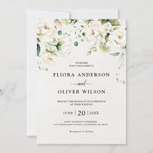 White Ivory Cream Roses Floral Botanical Wedding Invitation