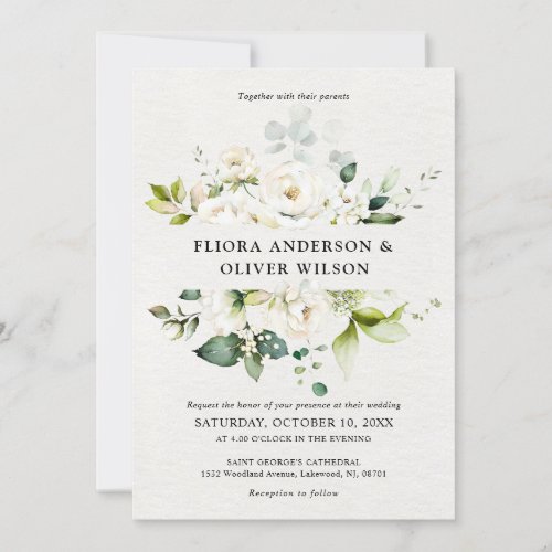 White Ivory Cream Roses Floral Botanical Wedding Invitation