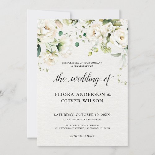 White Ivory Cream Roses Floral Botanical Wedding   Invitation