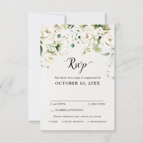 White Ivory Cream Roses Floral Botanical Wedding RSVP Card