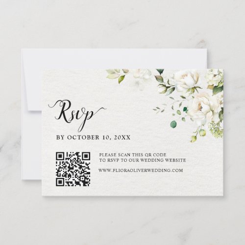 White Ivory Cream Roses Floral Botanical Wedding RSVP Card