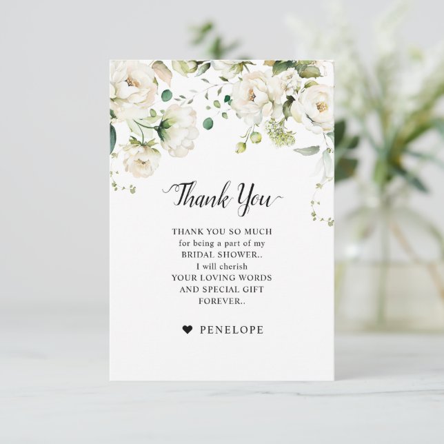 White Ivory Cream Roses Floral Botanical Wedding T Thank You Card (Standing Front)
