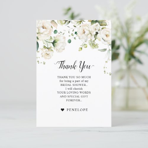 White Ivory Cream Roses Floral Botanical Wedding T Thank You Card
