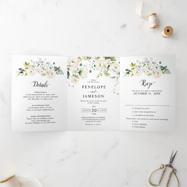 White Ivory Cream Roses Floral Botanical Wedding T Tri-Fold Program (Inside)