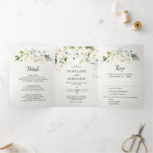 White Ivory Cream Roses Floral Botanical Wedding T Tri-Fold Program