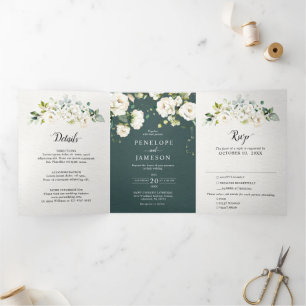 White Ivory Cream Roses Floral Botanical Wedding T Tri-Fold Program