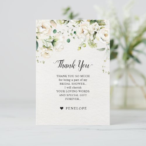 White Ivory Cream Roses Floral Botanical Wedding Thank You Card