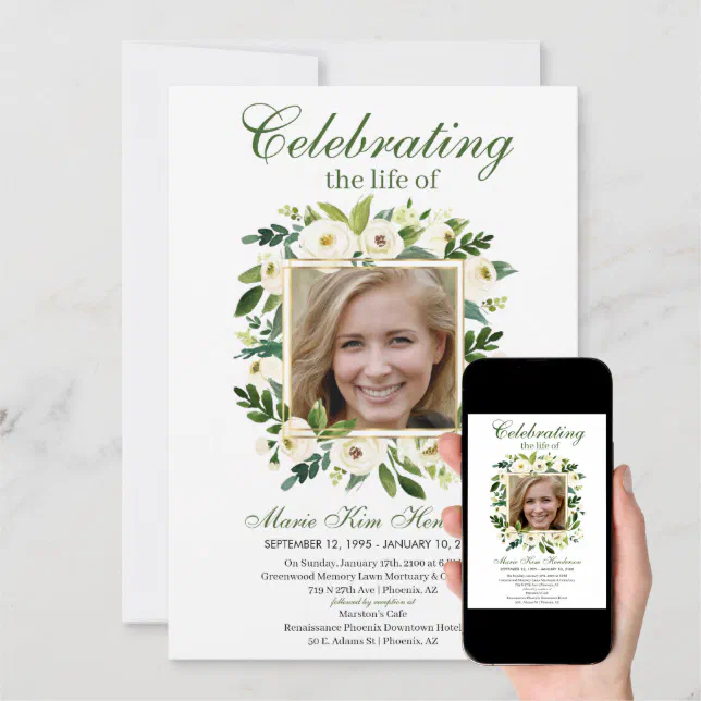 White Ivory Floral Boho Memorial Funeral Photo Invitation | Zazzle