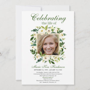 White Ivory Floral Boho Memorial Funeral Photo Invitation