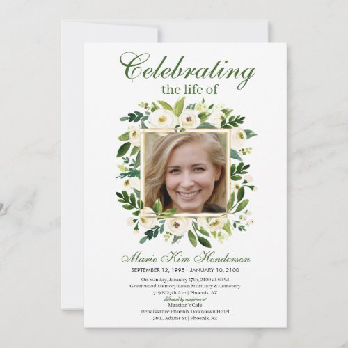 White Ivory Floral Boho Memorial Funeral Photo  Invitation