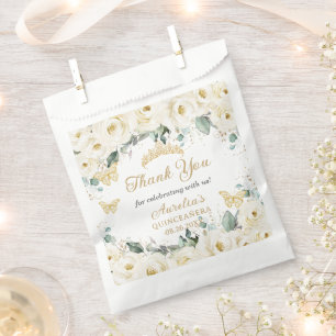 White Ivory Floral Gold Butterflies Princess Tiara Favor Bag