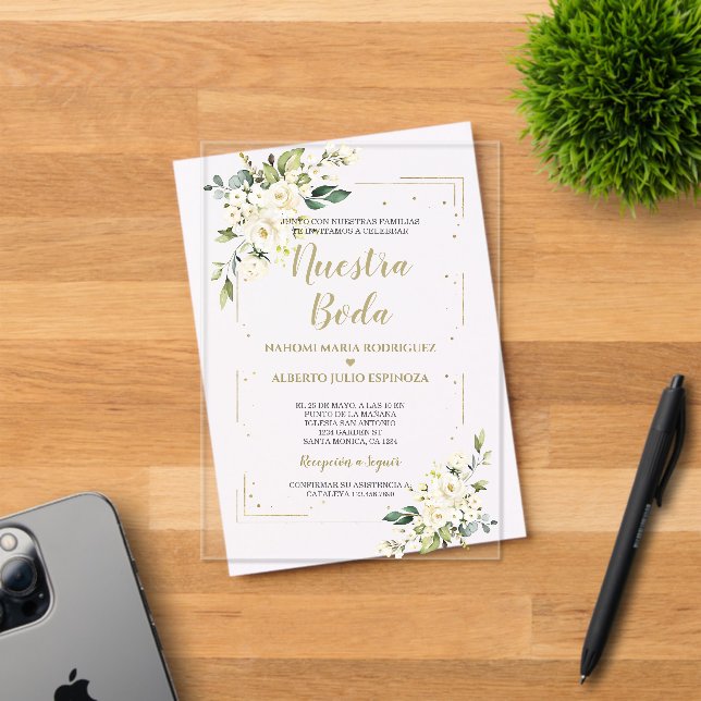 White Ivory Floral Gold Nuestra Boda Calligraphy Acrylic Invitations (Insitu (Invitation Card))