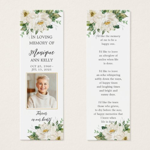 White Ivory Floral Photo Funeral Memorial Bookmark