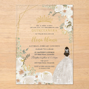 White Ivory Floral Princess Gold Quinceanera 15 XV Acrylic Invitations