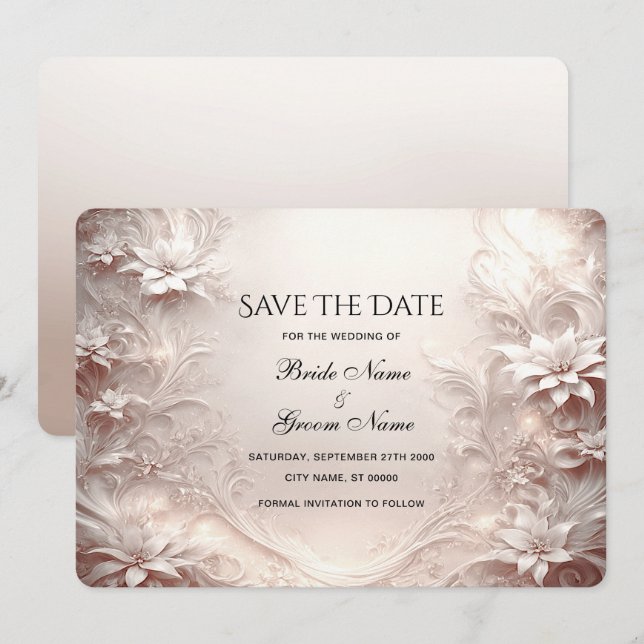 White Ivory Floral Save The Date Card (Front/Back)