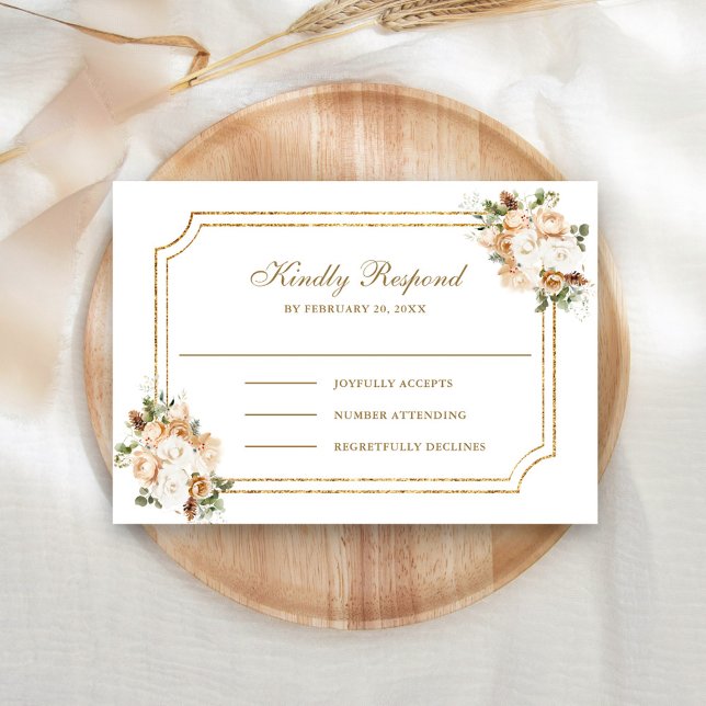 White Ivory Gold Christmas Floral Wedding RSVP Card (Creator Uploaded)