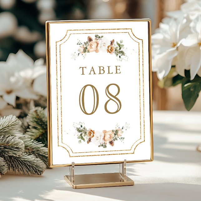 White Ivory Gold Christmas Floral Wedding Table Number (Creator Uploaded)