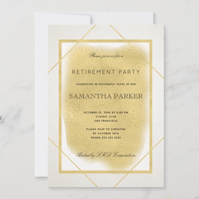 White ivory gold framed formal retirement party invitation (Front)
