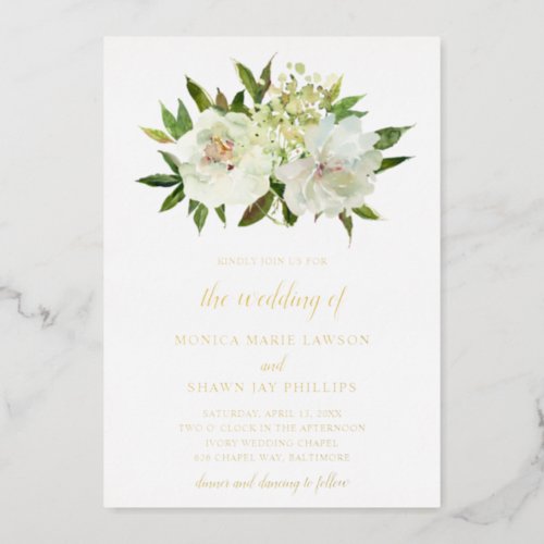 White Ivory Neutral Floral Wedding Gold Foil Invitation