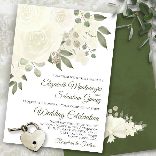 White Ivory Roses & Blossoms Elegant Wedding Invitation (In Situ Front and Back)