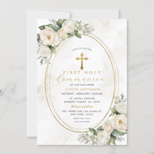 White Ivory Roses First Holy Communion  Invitation
