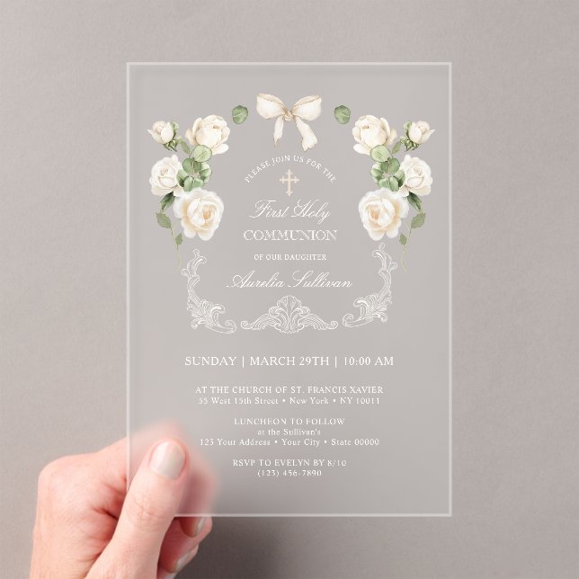 White Ivory Roses Frame First Holy Communion Acrylic Invitations (Insitu (Handheld))