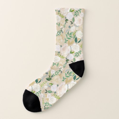 White Ivory Sage Watercolor Floral Any Color Socks