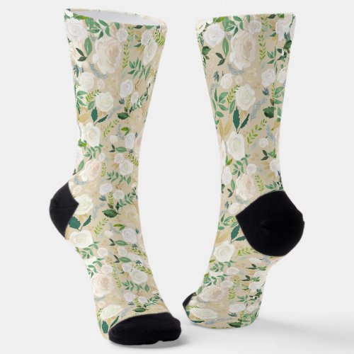 White Ivory Sage Watercolor Floral Beige Socks