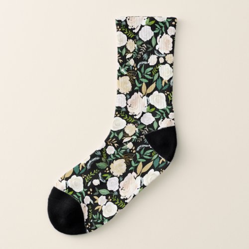 White Ivory Sage Watercolor Floral On black Socks