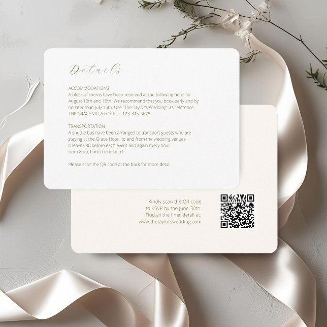 White & Ivory | Script Wedding Detail QR Code  Enclosure Card (Creator Uploaded)