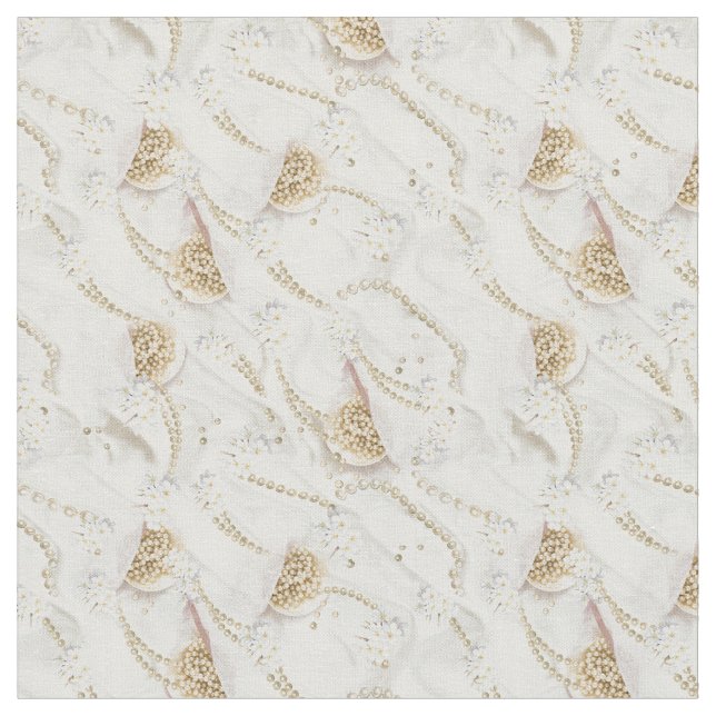 White Ivory Silk & Ivory Champagne Pearls Fabric (Close Up)