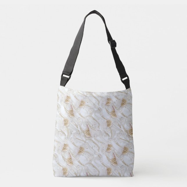 White-Ivory Silk & Ivory Champaign Pearls Crossbody Bag (Front)